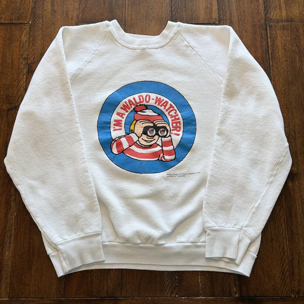 Vintage Fruit Of The Loom Sweatshirt Mens Large White Where's Waldo 90s USA - Picture 2 of 8